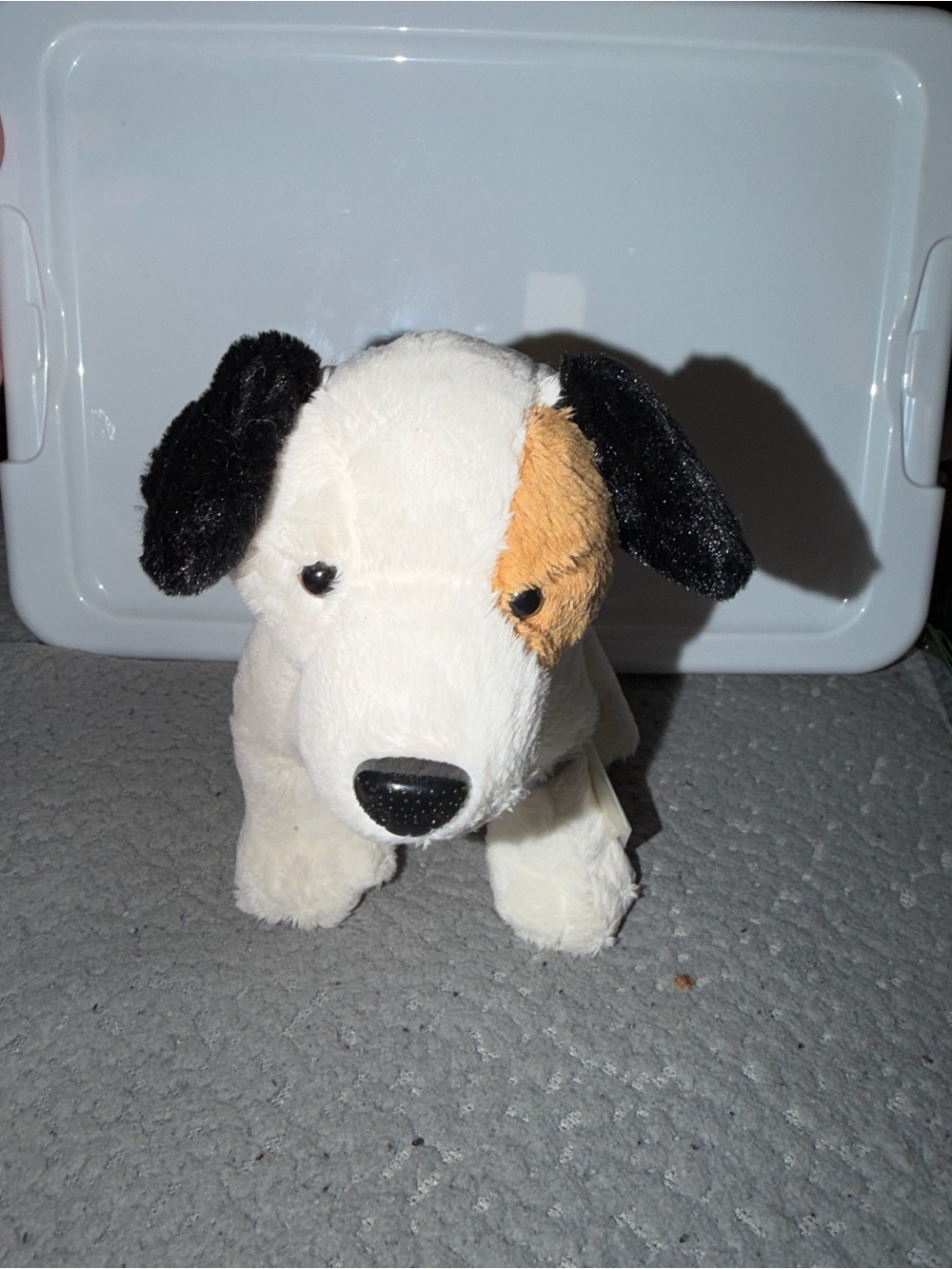 Soft White Plush Puppy Toy with Black Ears and Brown Patch